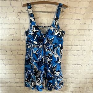 Floral Blue and Black Women's one piece with skirt swim dress. Built in …